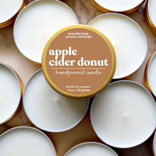 apple cider donut gold tin candle - wandering pines cottage