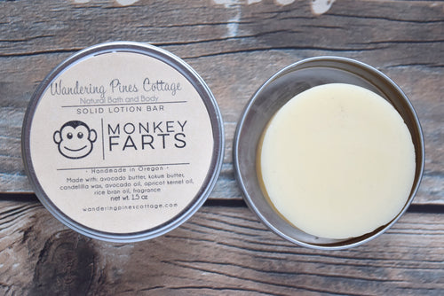 Monkey Farts Solid Lotion in a tin