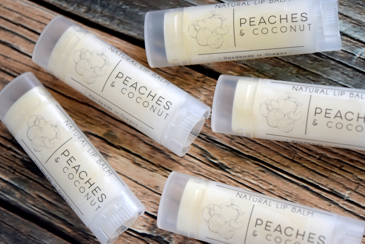 natural lip balm peaches and coconut - wandering pines cottage