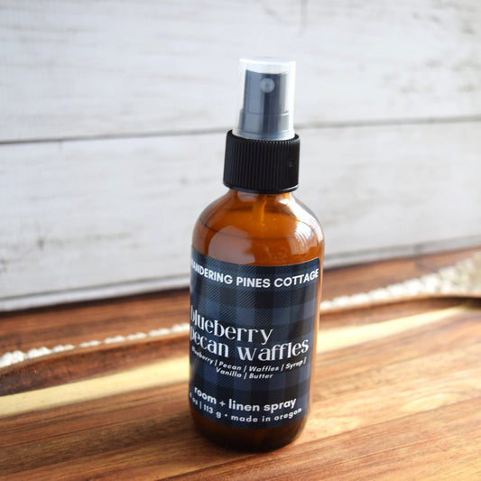 blueberry pecan waffles room spray in glass bottle - wandering pines cottage
