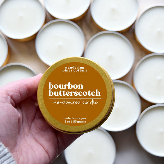 bourbon butterscotch gold tin candle - wandering pines cottage