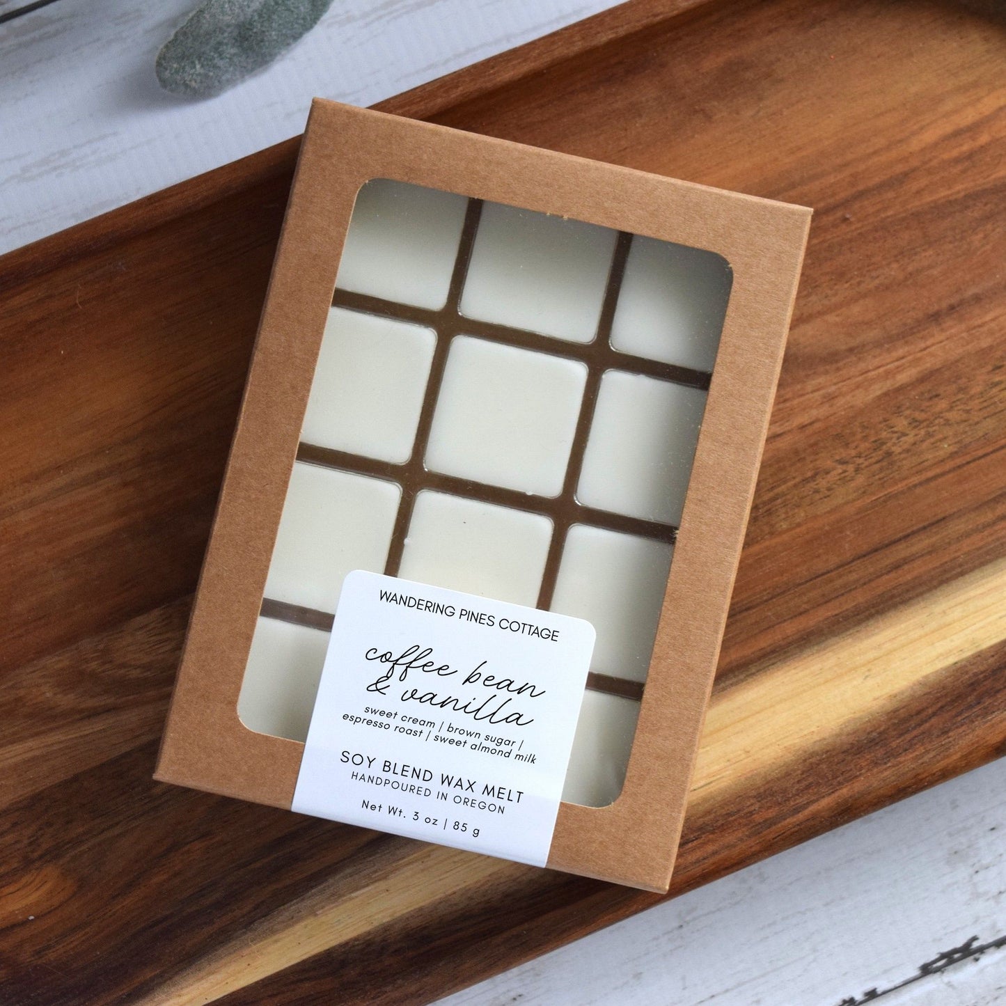 coffee bean and vanilla wax melts in a box