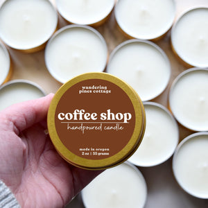 coffee shop travel candle gold - wandering  pines cottage