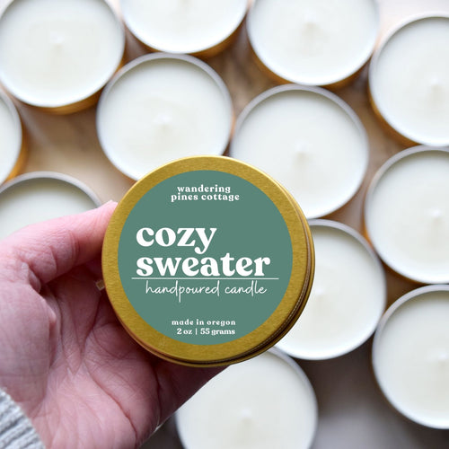 Cozy sweater gold tin candle - wandering pines cottage