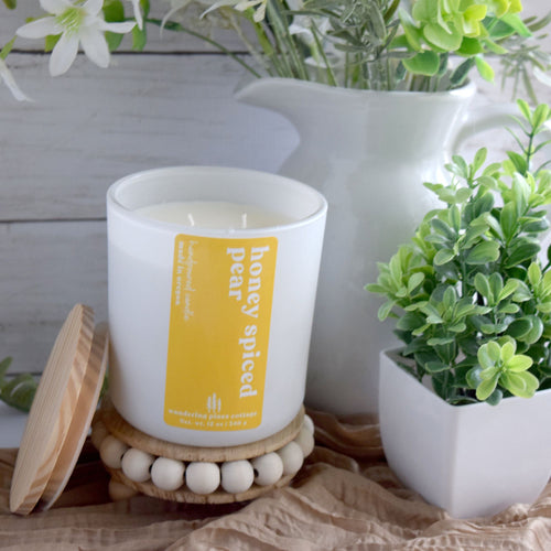 honey spiced pear 12 oz candle - wandering pines cottage