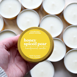 honey spiced pear gold tin candle - wandering pines cottage