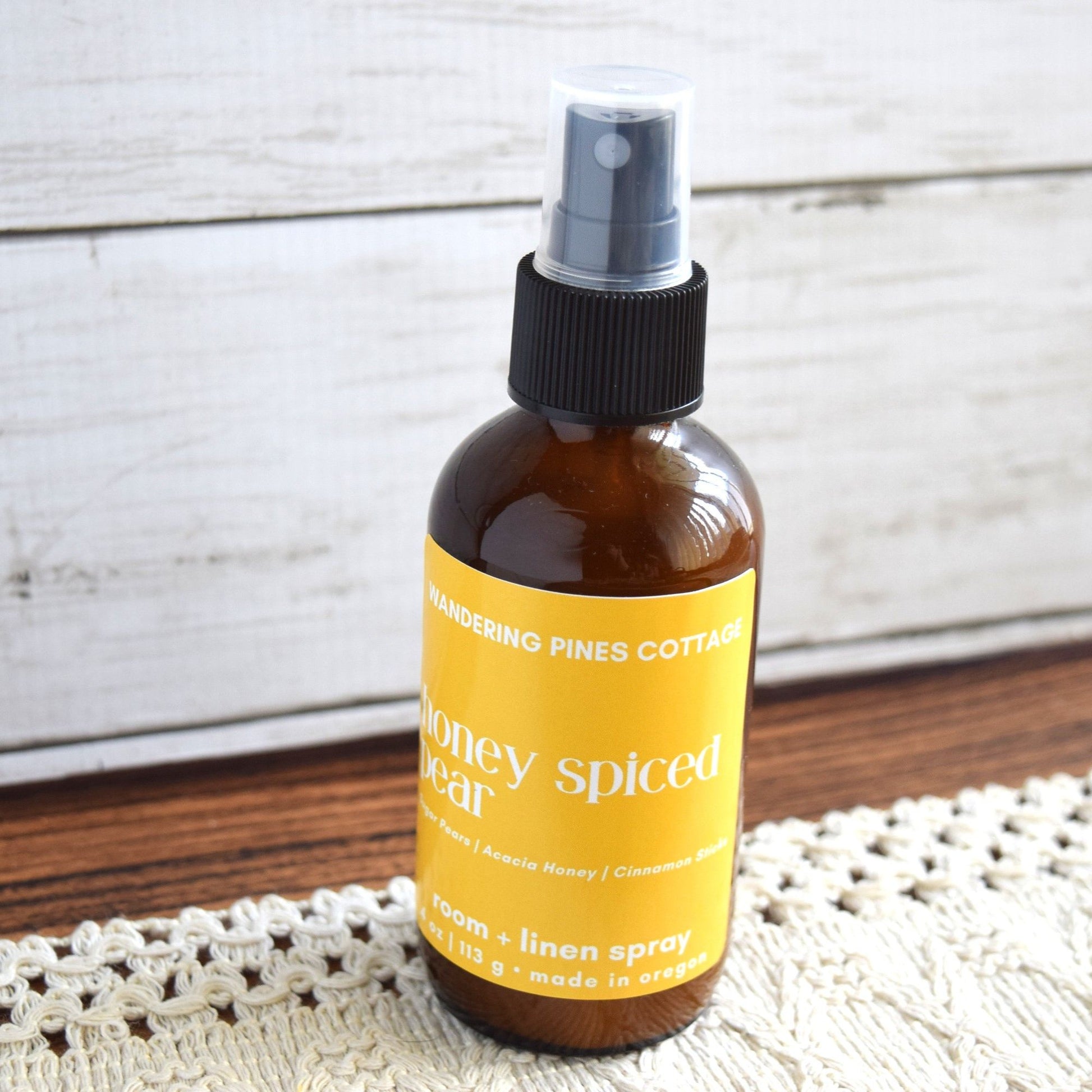 honey spiced pear room spray in glass bottle - wandering pines cottage
