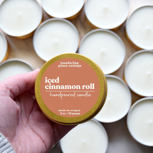 iced cinnamon roll gold candle tin - wandering pines cottage