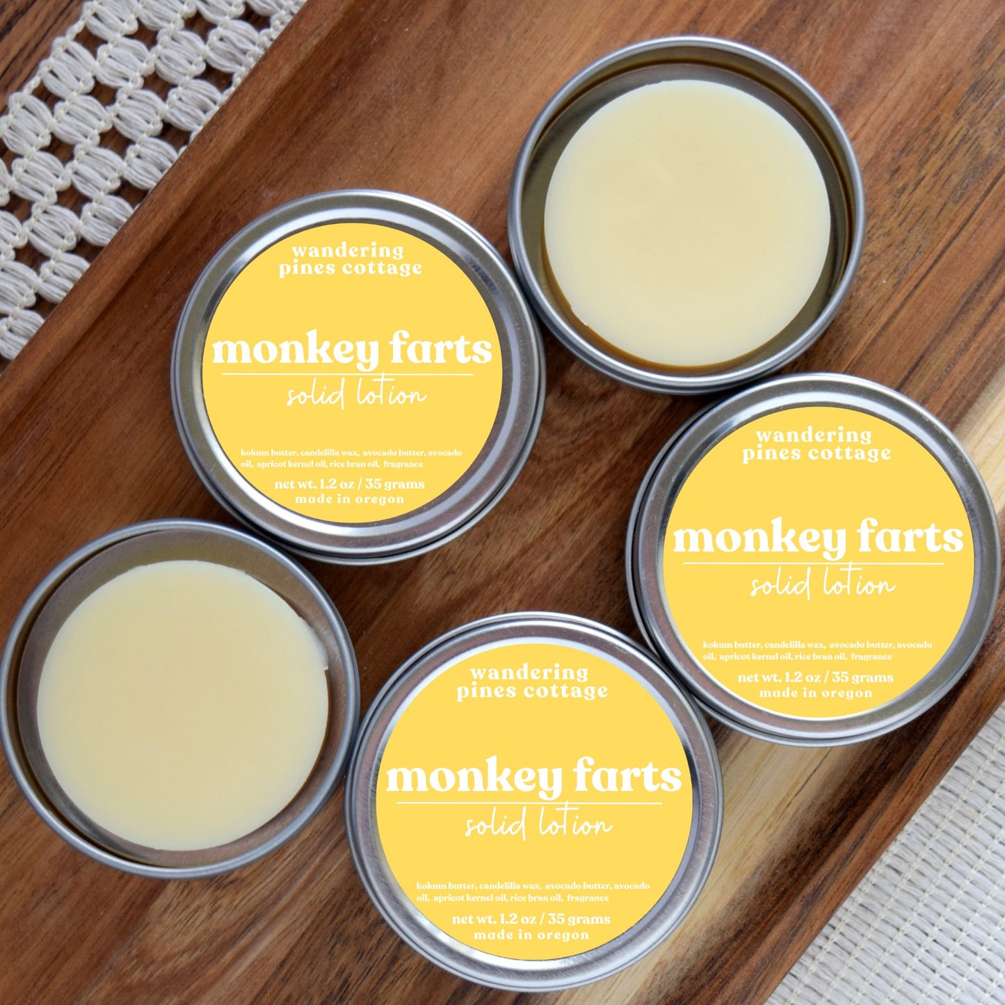 Monkey Farts Solid Lotion in a tin