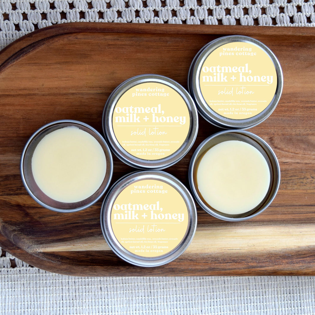 oatmeal milk and honey solid lotion tin - wandering pines cottage