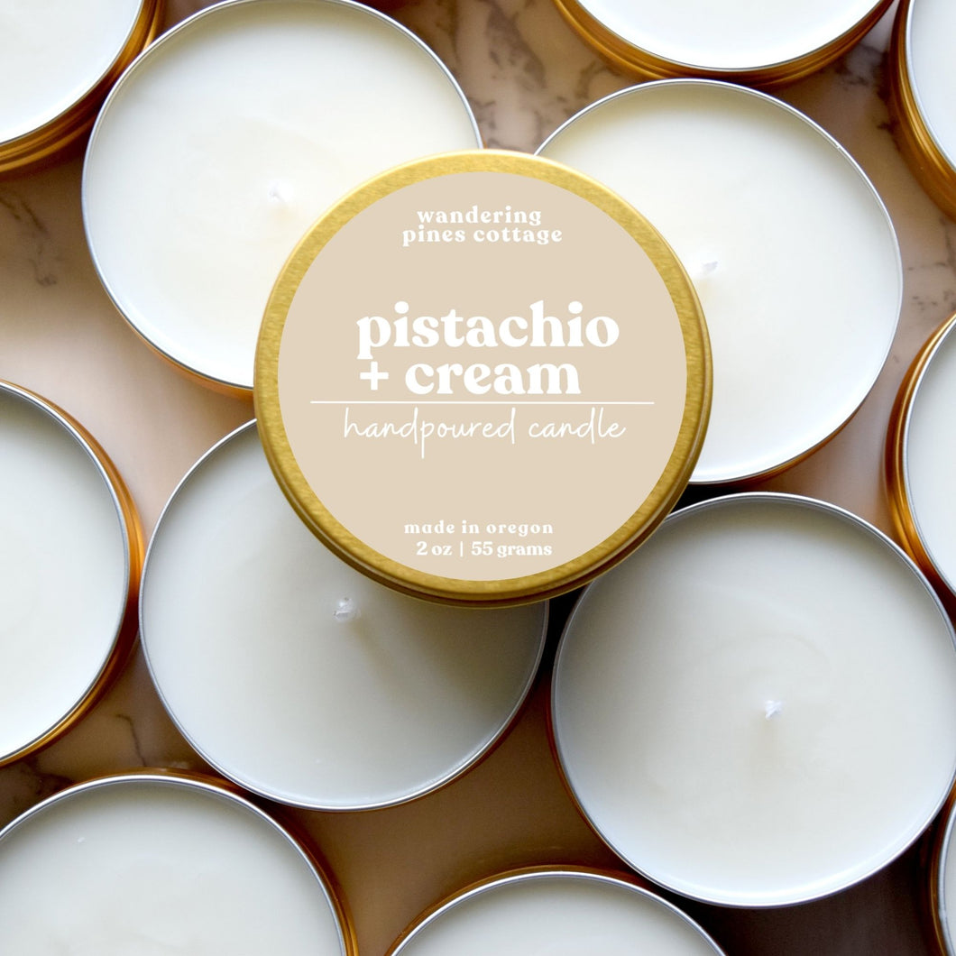 pistachio and cream gold candle tin - wandering pines cottage