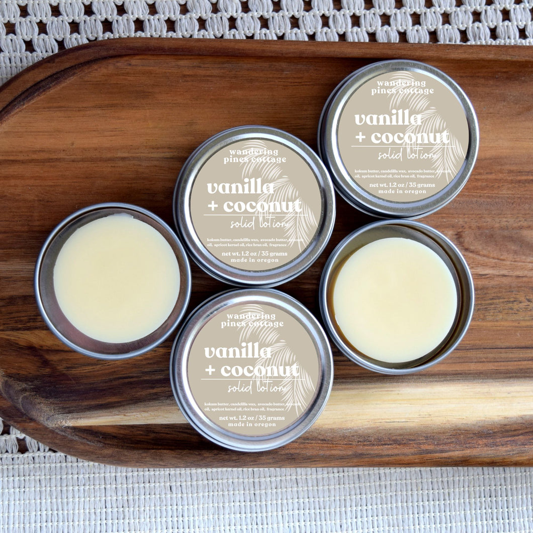 vanilla coconut solid lotion in a tin - wandering pines cottage