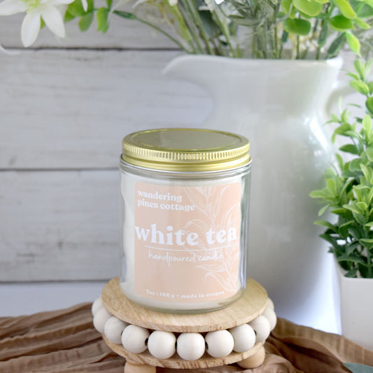white tea candle - wandering pines cottage