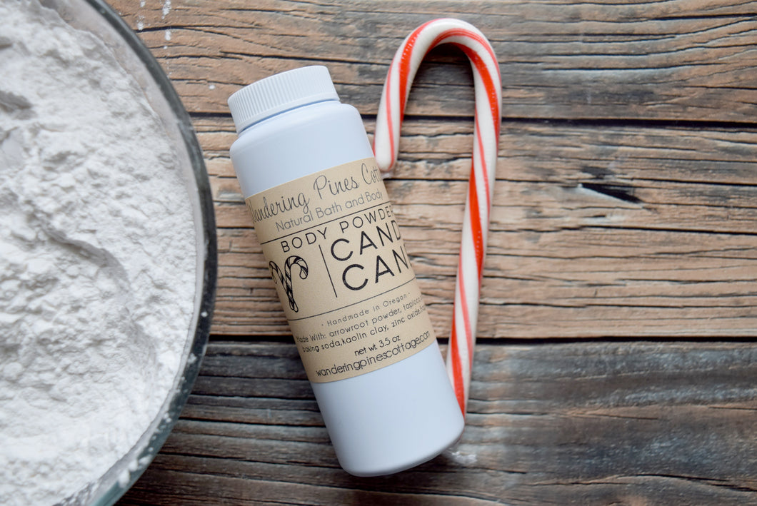 Candy Cane Scented Body Powder in a sifter jar - Wandering Pines Cottage