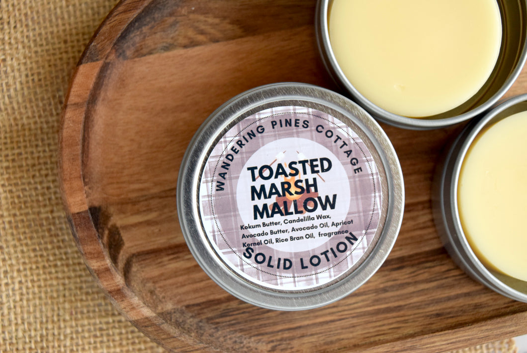 Toasted Marshmallow solid lotion tin - wandering pines cottage