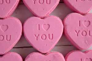 conversation heart pink I love you bath bomb - wandering pines cottage